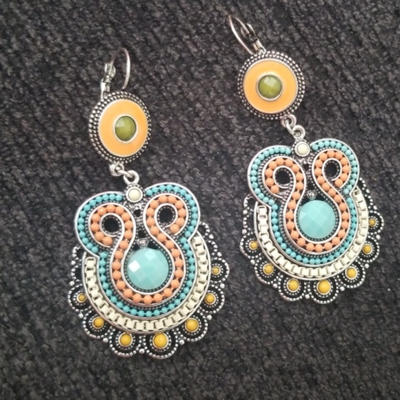 Vintage Enamel Beads  statment Earrings - Picture 2 of 8